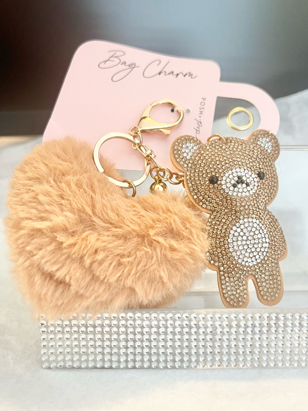 Posh Gold Crystal Teddy & Beige Pom Bag Charm NWT - Picture 2 of 6